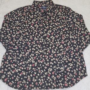 Chaps Floral Button Down Shirt Women’s XXL Black Cream Red Cotton Stretch